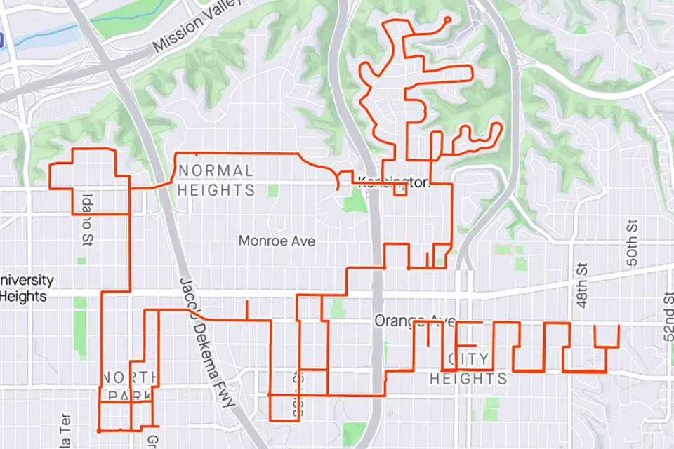 Strava map of route shaped like reindeer in San Diego, California.